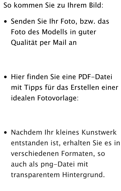 So kommen Sie zu Ihrem Bild: •	Senden Sie Ihr Foto, bzw. das Foto des Modells in guter Qualität per Mail an  •	Hier finden Sie eine PDF-Datei mit Tipps für das Erstellen einer idealen Fotovorlage: •	Nachdem Ihr kleines Kunstwerk entstanden ist, erhalten Sie es in verschiedenen Formaten, so auch als png-Datei mit transparentem Hintergrund.
